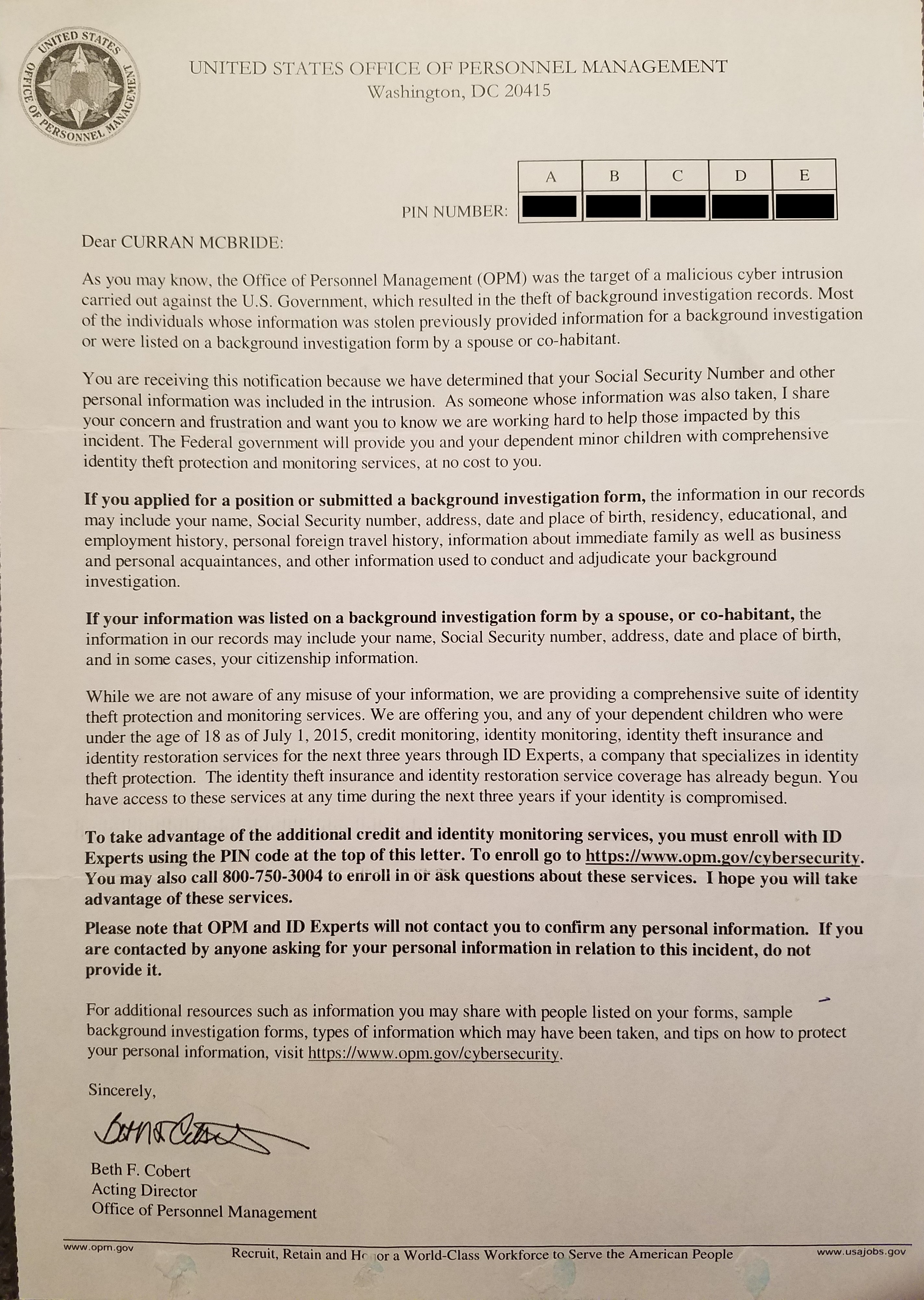 OPM Hacked Letter